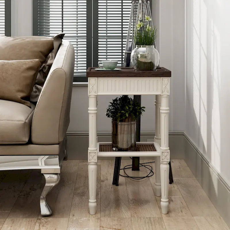 French Country Distressed Accent Side Table with Tray Top and Woven Wicker Shelf