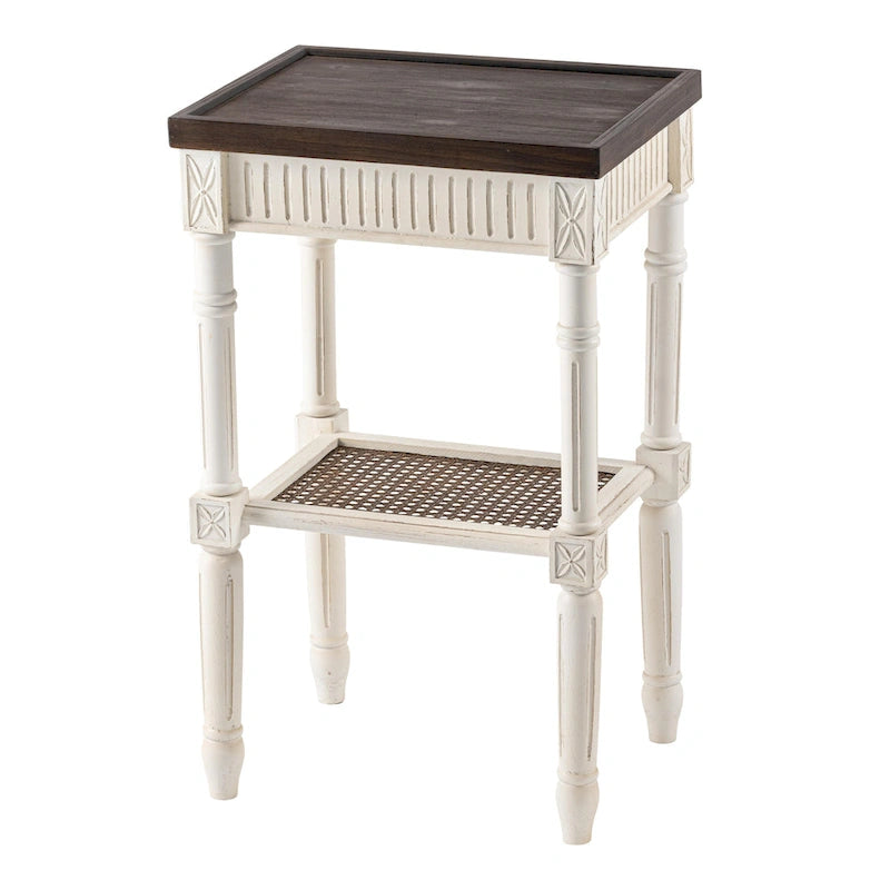 French Country Distressed Accent Side Table with Tray Top and Woven Wicker Shelf