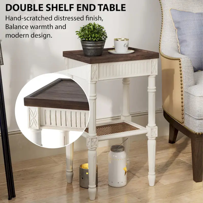 French Country Distressed Accent Side Table with Tray Top and Woven Wicker Shelf