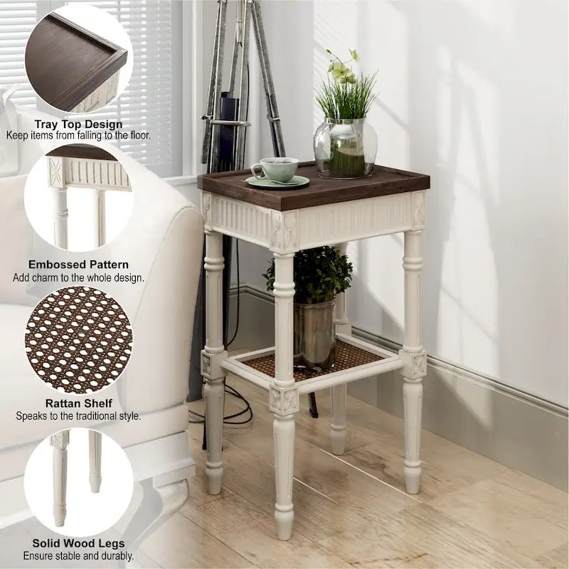 French Country Distressed Accent Side Table with Tray Top and Woven Wicker Shelf