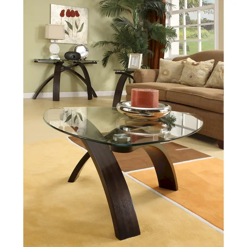 Modern Glass-Top End Table with Crossed Arch Base and Walnut Veneer