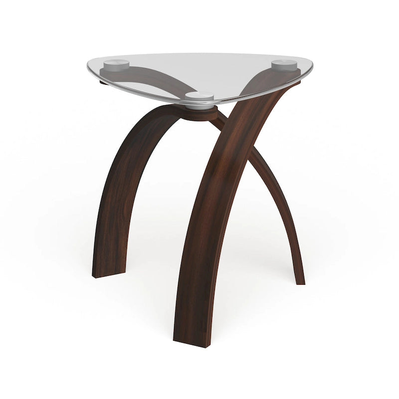 Modern Glass-Top End Table with Crossed Arch Base and Walnut Veneer
