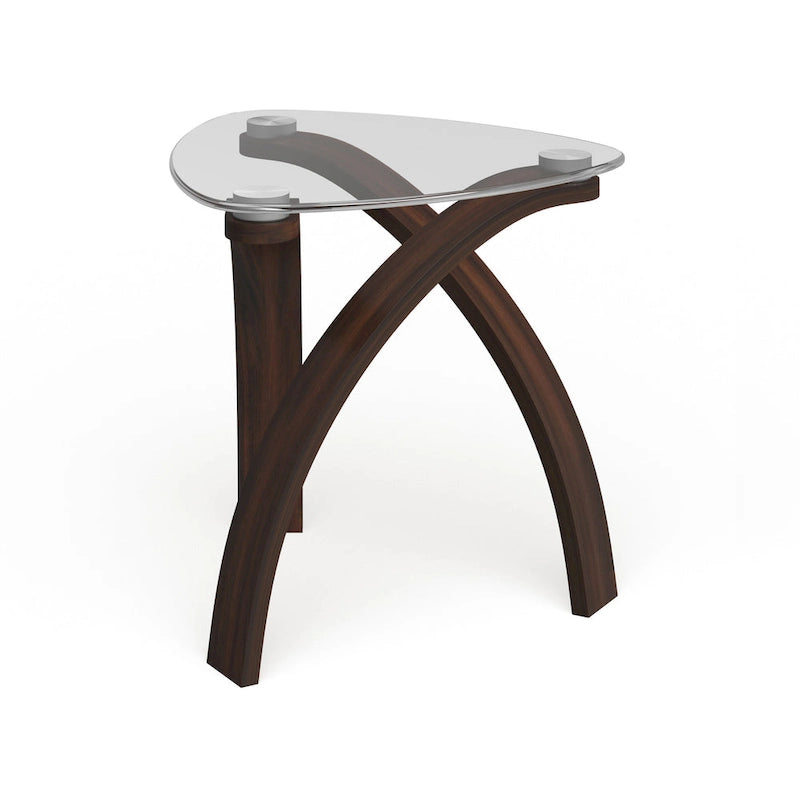 Modern Glass-Top End Table with Crossed Arch Base and Walnut Veneer