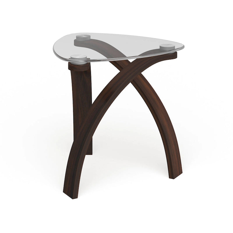 Modern Glass-Top End Table with Crossed Arch Base and Walnut Veneer