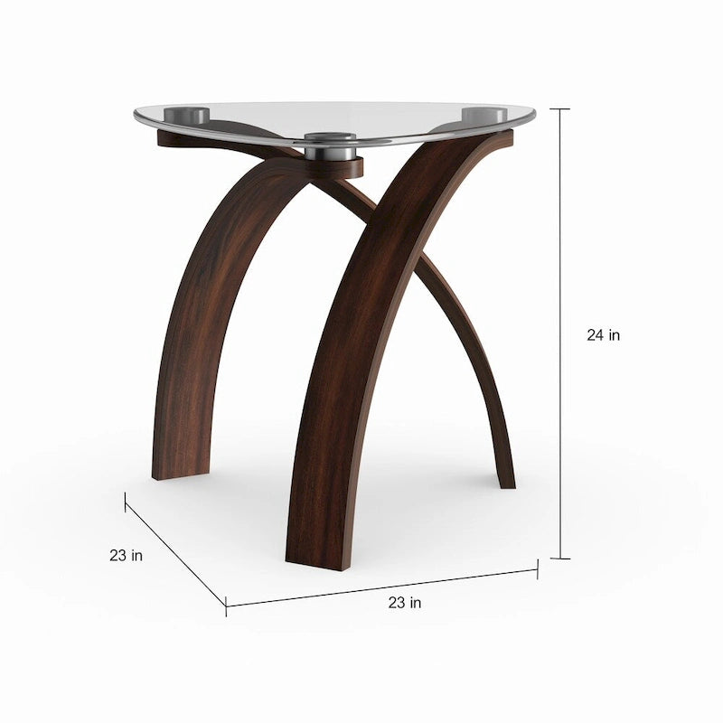 Modern Glass-Top End Table with Crossed Arch Base and Walnut Veneer