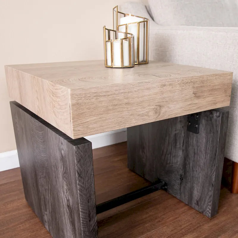 Two-Tone Square End Table with Natural Top and Black Wood Base, 20-Inch