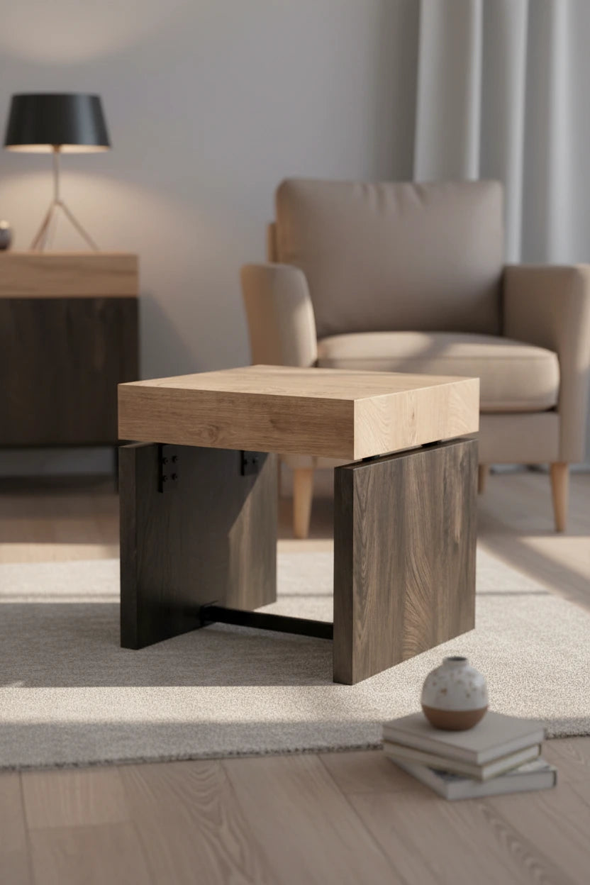 Two-Tone Square End Table with Natural Top and Black Wood Base, 20-Inch