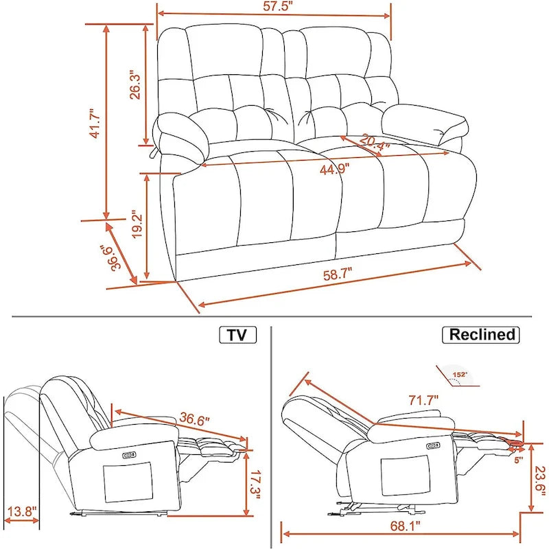 Electric Power Reclining Loveseat Sofa with Heat and Massage, Fabric