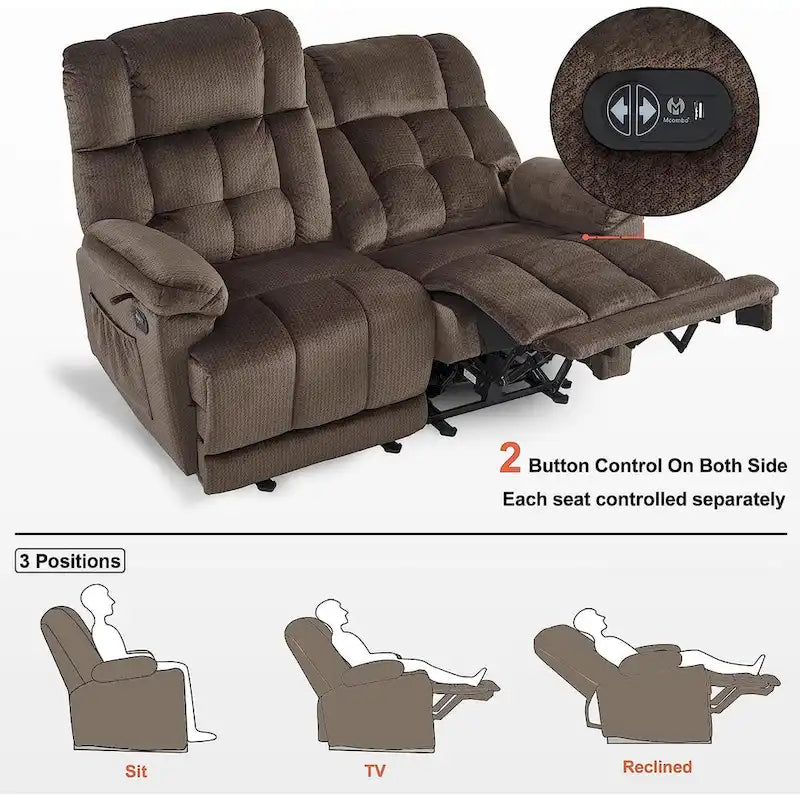 Electric Power Reclining Loveseat Sofa with Heat and Massage, Fabric