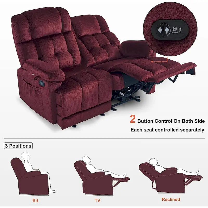 Electric Power Reclining Loveseat Sofa with Heat and Massage, Fabric