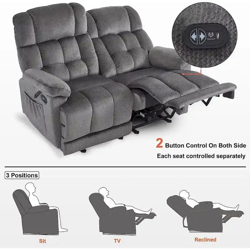 Electric Power Reclining Loveseat Sofa with Heat and Massage, Fabric