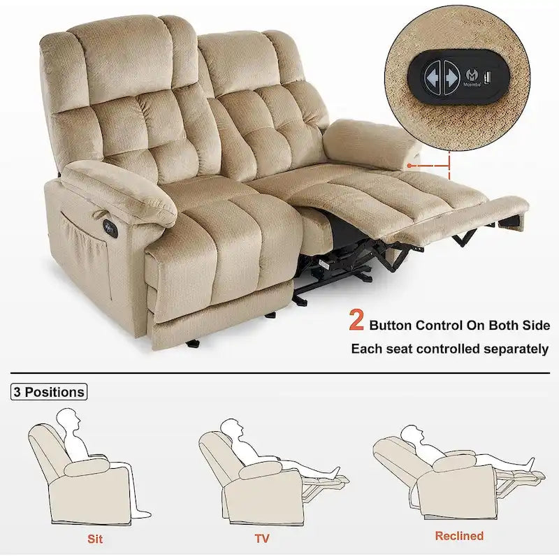 Electric Power Reclining Loveseat Sofa with Heat and Massage, Fabric