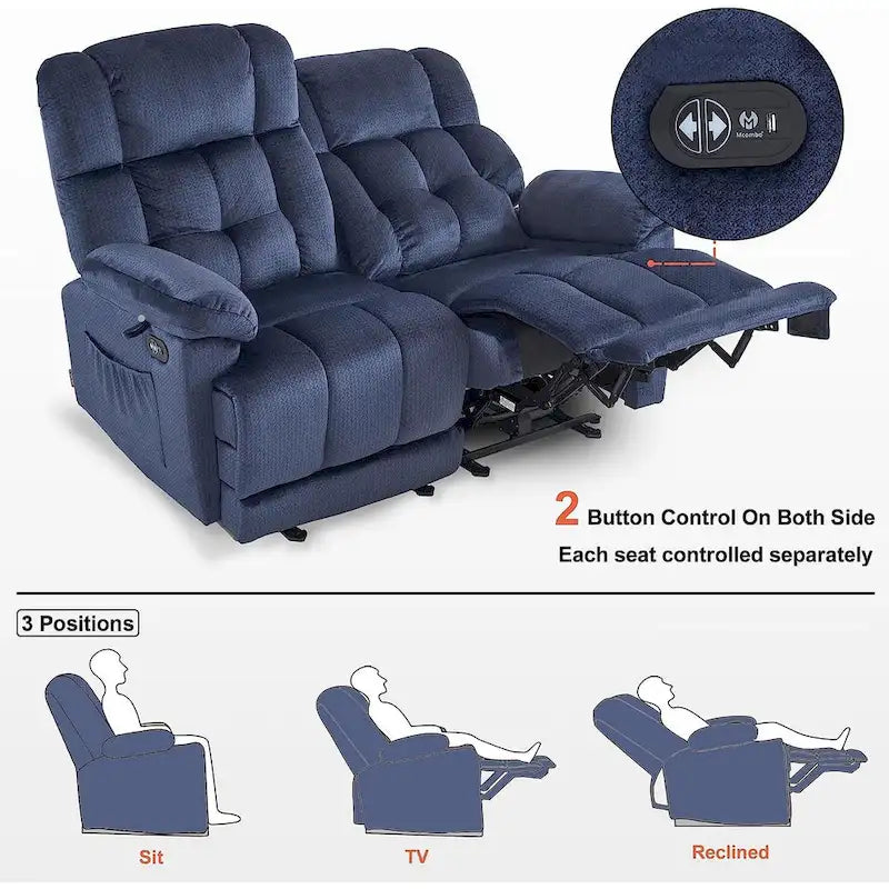 Electric Power Reclining Loveseat Sofa with Heat and Massage, Fabric