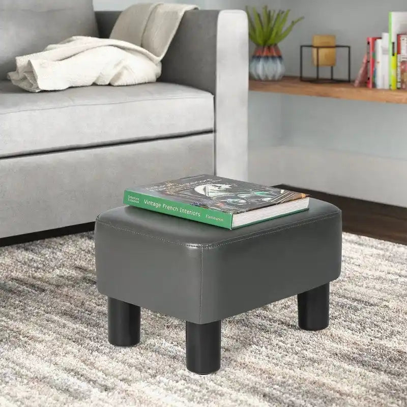 Small PU Leather Rectangular Ottoman Footstool with Solid Wood Legs