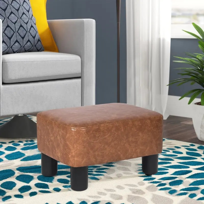 Small PU Leather Rectangular Ottoman Footstool with Solid Wood Legs