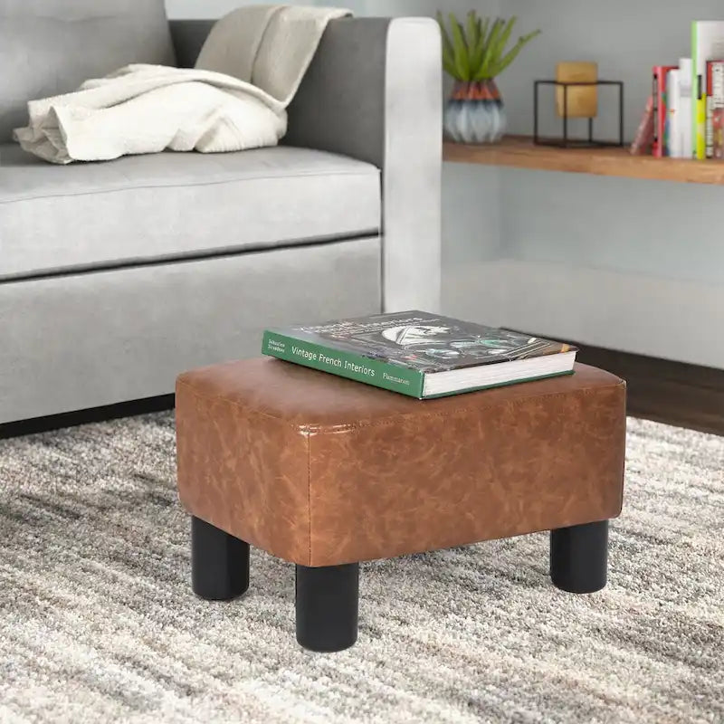 Small PU Leather Rectangular Ottoman Footstool with Solid Wood Legs