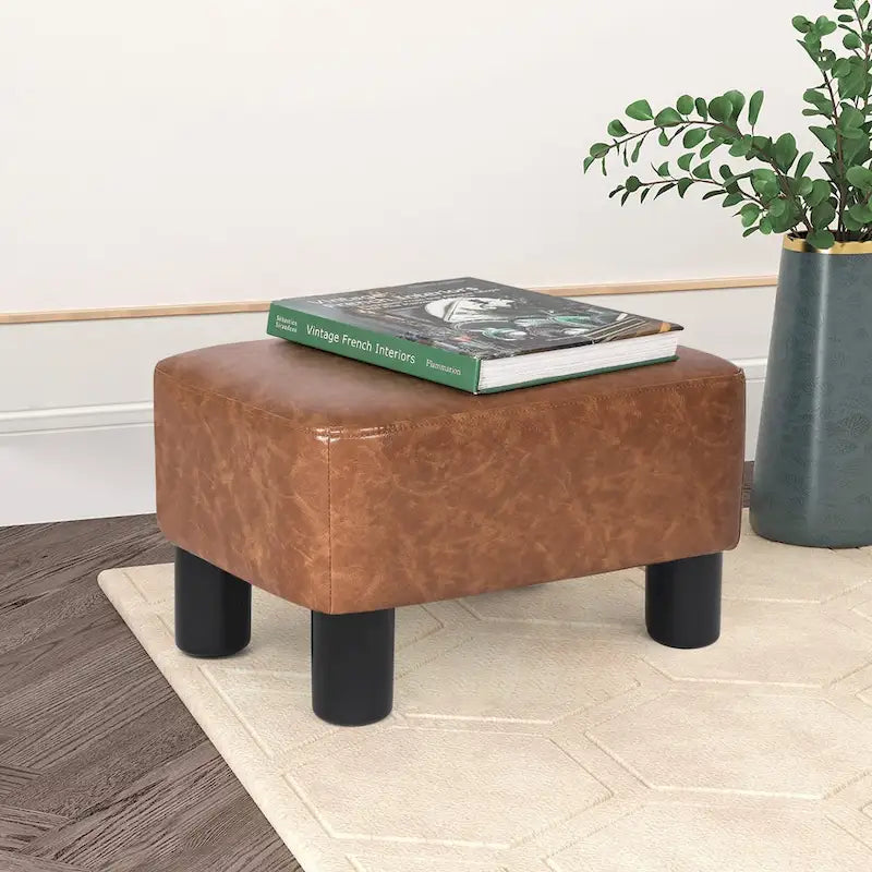Small PU Leather Rectangular Ottoman Footstool with Solid Wood Legs