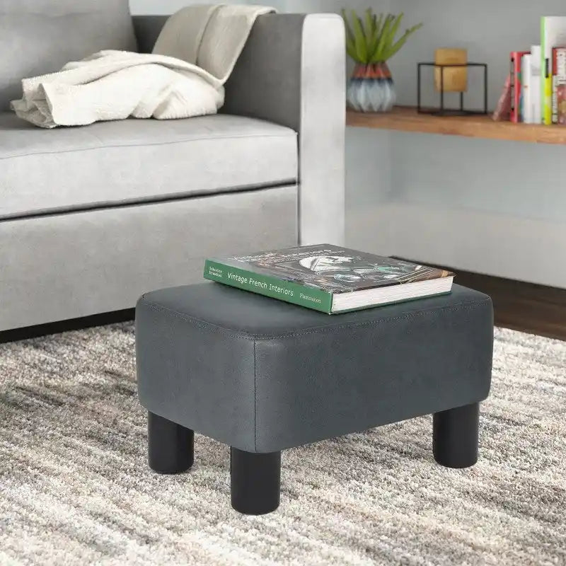 Small PU Leather Rectangular Ottoman Footstool with Solid Wood Legs