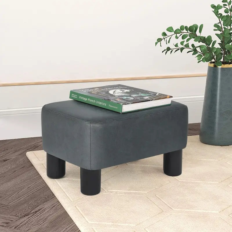 Small PU Leather Rectangular Ottoman Footstool with Solid Wood Legs