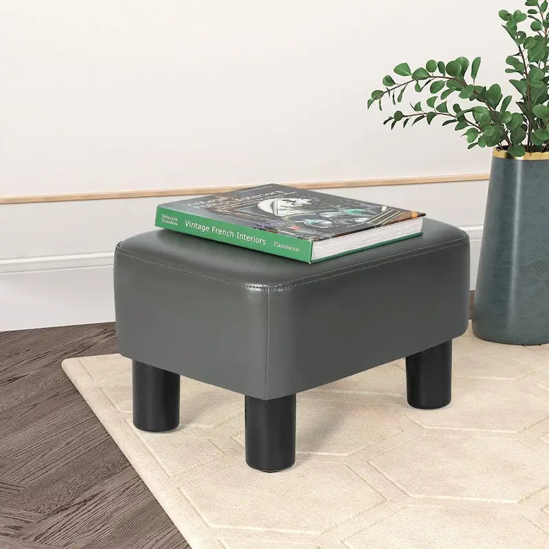 Small PU Leather Rectangular Ottoman Footstool with Solid Wood Legs