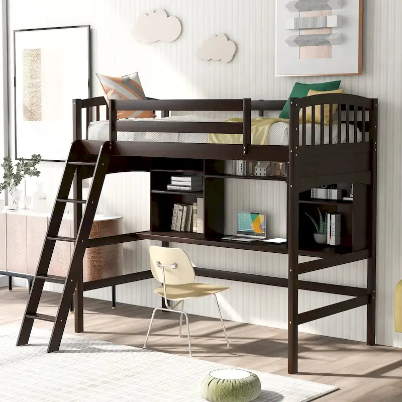 Twin Size Loft Bed with Built-In Desk, Storage Shelves and Ladder