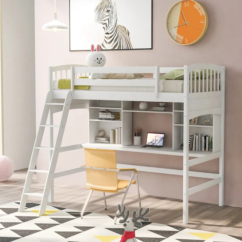 Twin Size Loft Bed with Built-In Desk, Storage Shelves and Ladder