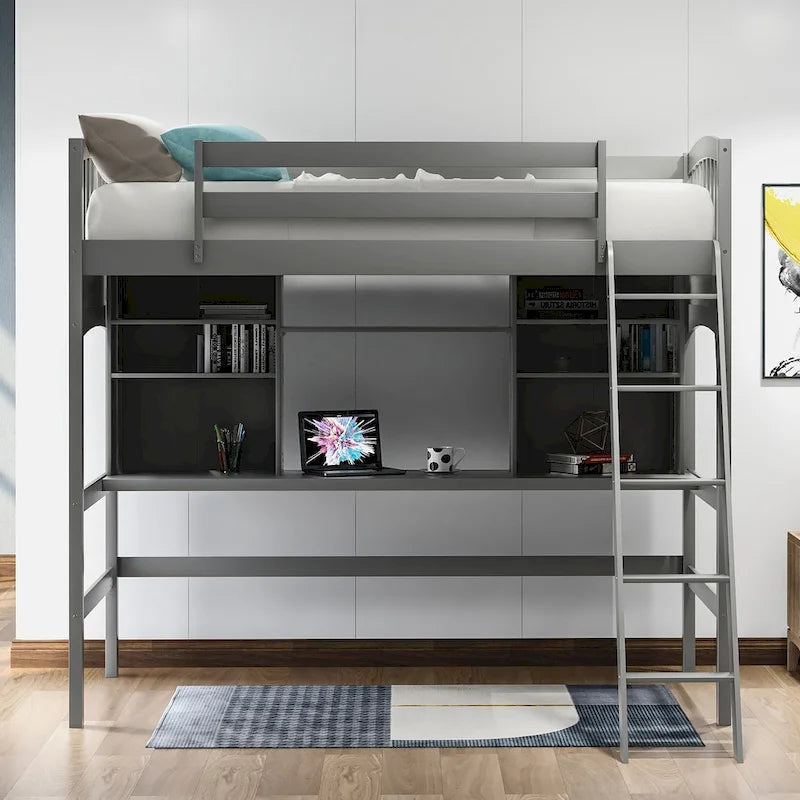Twin Size Loft Bed with Built-In Desk, Storage Shelves and Ladder