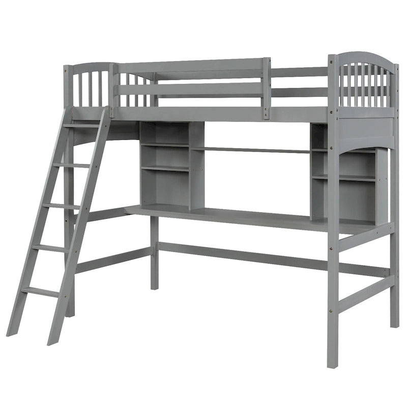 Twin Size Loft Bed with Built-In Desk, Storage Shelves and Ladder