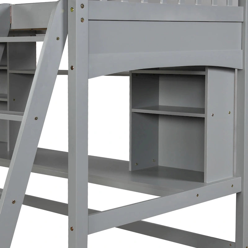 Twin Size Loft Bed with Built-In Desk, Storage Shelves and Ladder