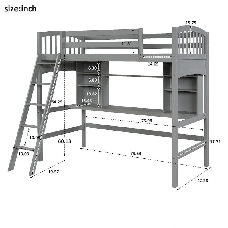 Twin Size Loft Bed with Built-In Desk, Storage Shelves and Ladder
