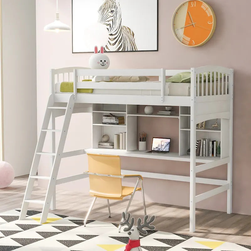 Twin Size Loft Bed with Built-In Desk, Storage Shelves and Ladder