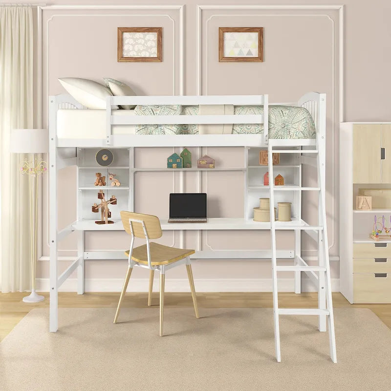 Twin Size Loft Bed with Built-In Desk, Storage Shelves and Ladder