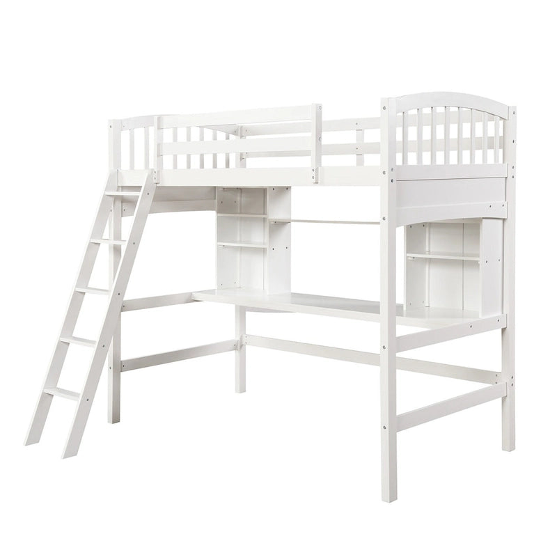 Twin Size Loft Bed with Built-In Desk, Storage Shelves and Ladder