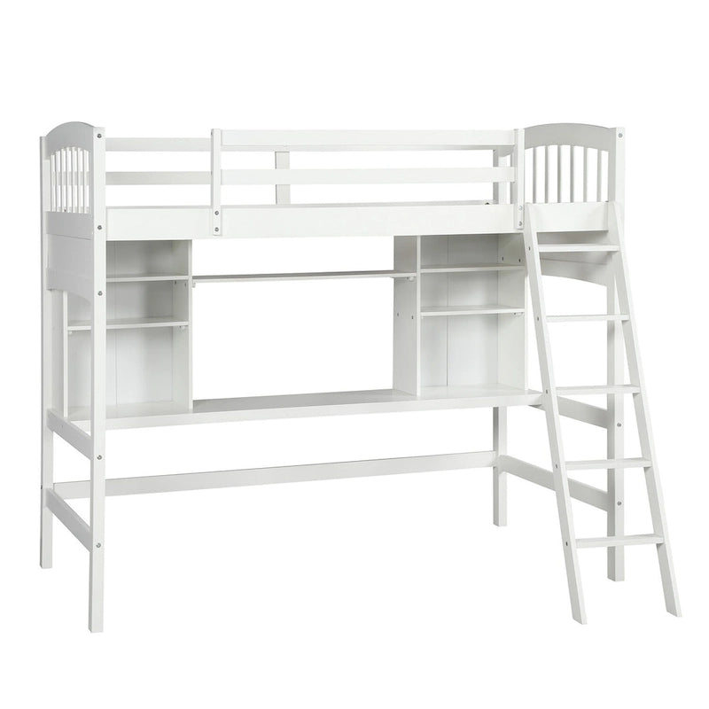 Twin Size Loft Bed with Built-In Desk, Storage Shelves and Ladder