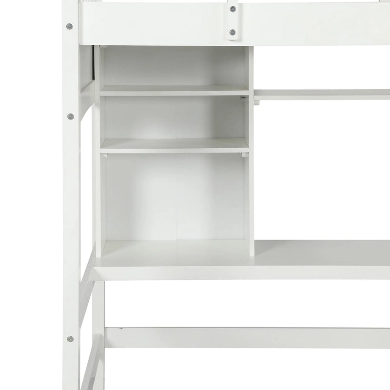 Twin Size Loft Bed with Built-In Desk, Storage Shelves and Ladder