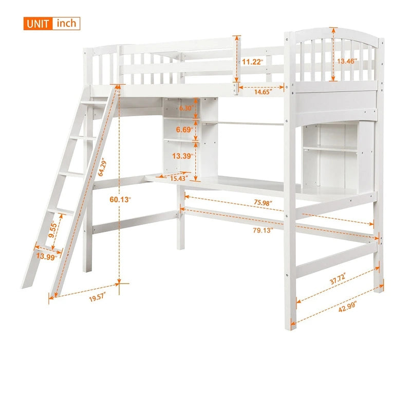 Twin Size Loft Bed with Built-In Desk, Storage Shelves and Ladder