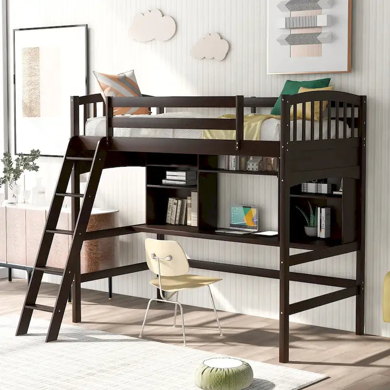 Twin Size Loft Bed with Built-In Desk, Storage Shelves and Ladder