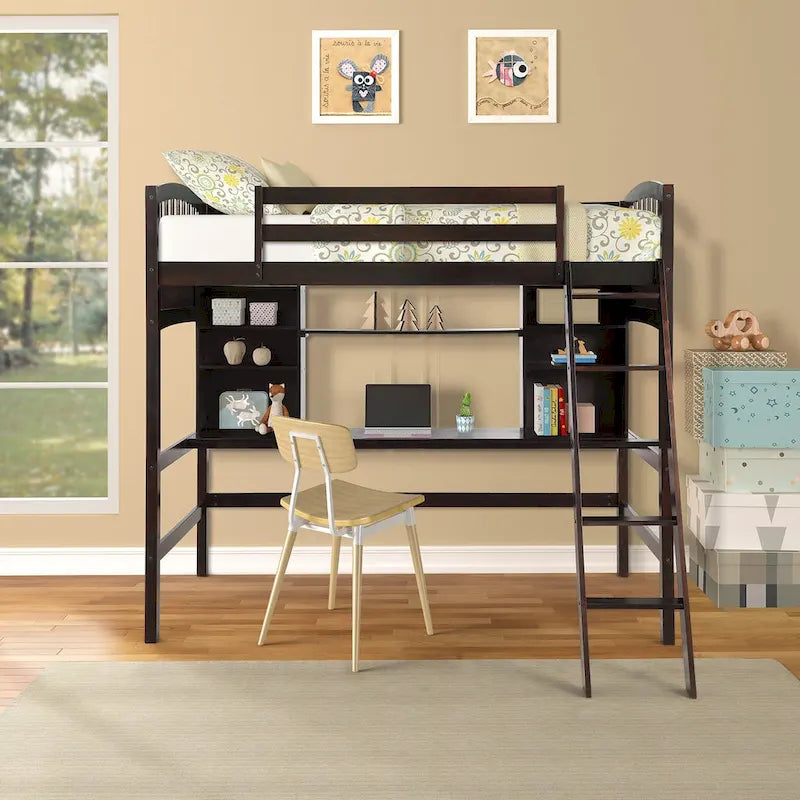 Twin Size Loft Bed with Built-In Desk, Storage Shelves and Ladder