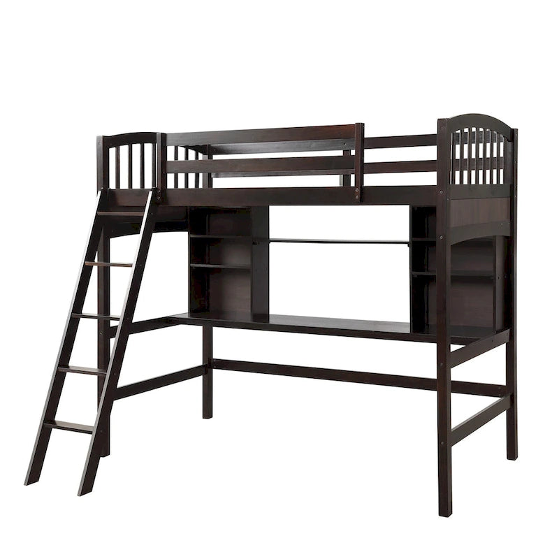 Twin Size Loft Bed with Built-In Desk, Storage Shelves and Ladder