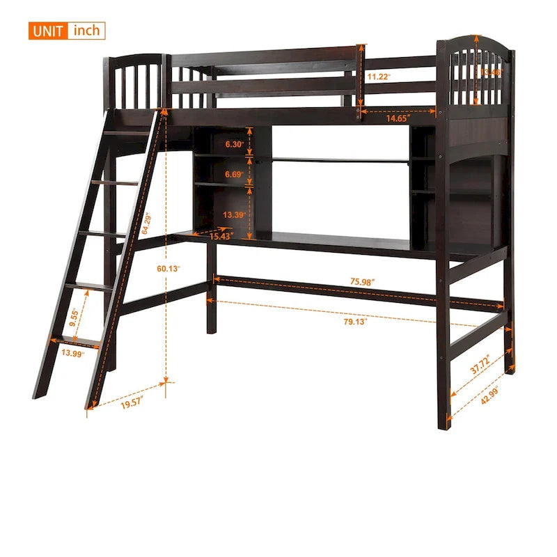 Twin Size Loft Bed with Built-In Desk, Storage Shelves and Ladder