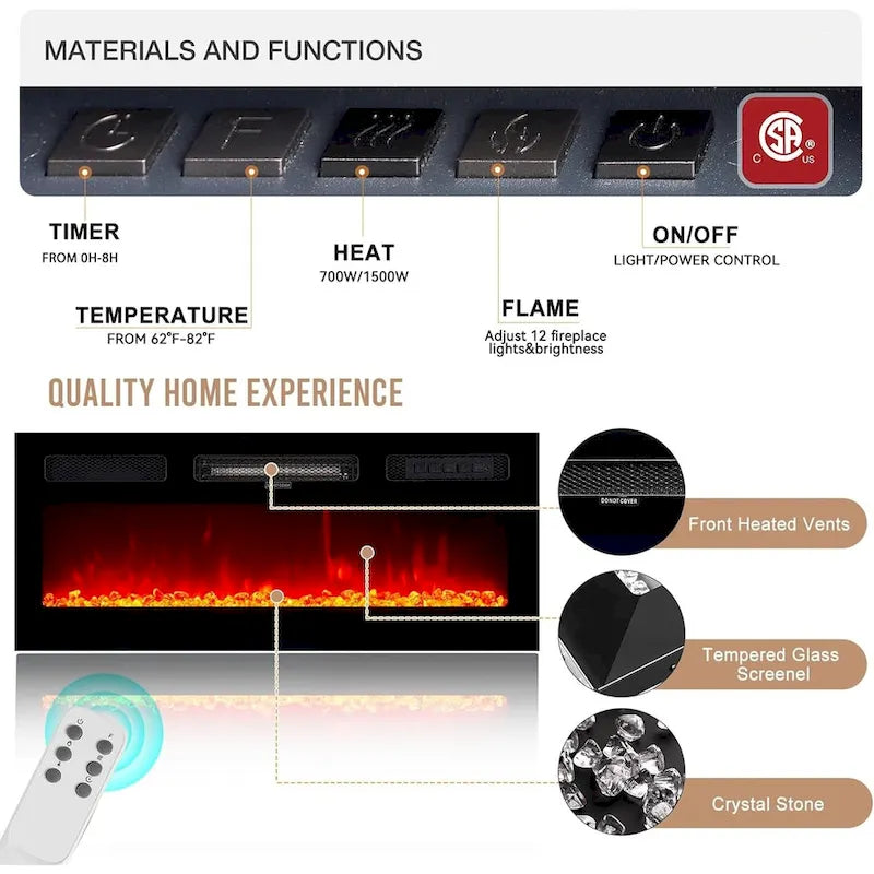 70-Inch TV Stand with 36-Inch Electric Fireplace and LED Lighting