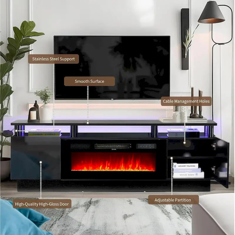 70-Inch TV Stand with 36-Inch Electric Fireplace and LED Lighting