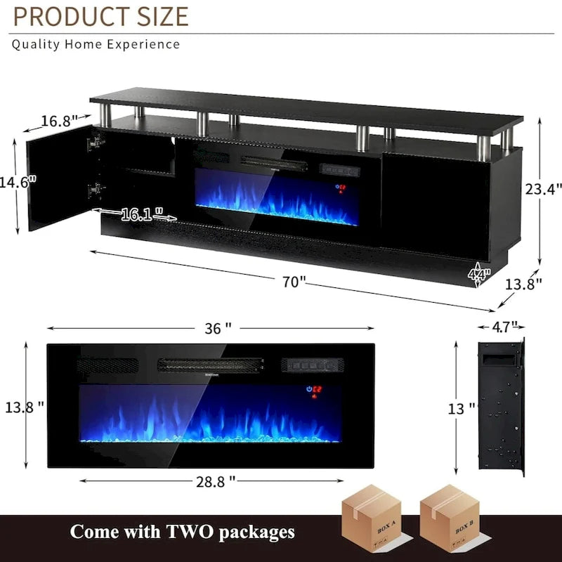 70-Inch TV Stand with 36-Inch Electric Fireplace and LED Lighting