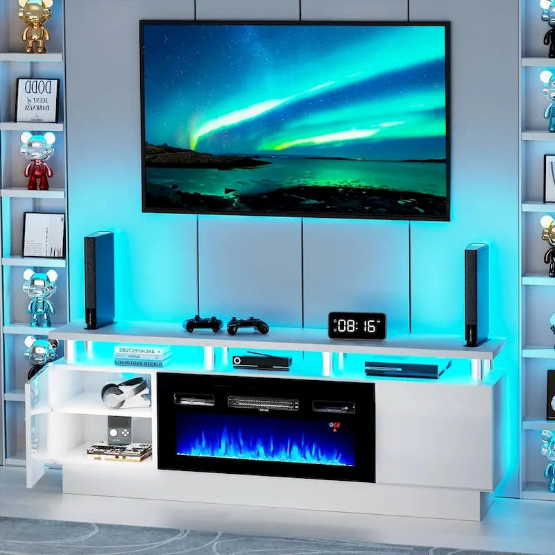 70-Inch TV Stand with 36-Inch Electric Fireplace and LED Lighting