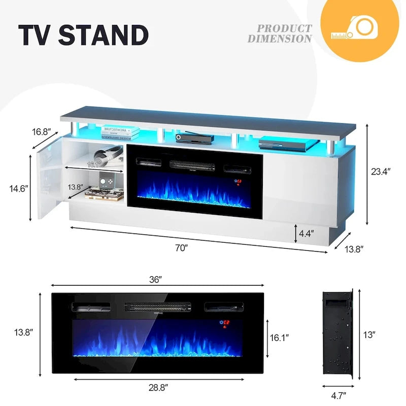 70-Inch TV Stand with 36-Inch Electric Fireplace and LED Lighting
