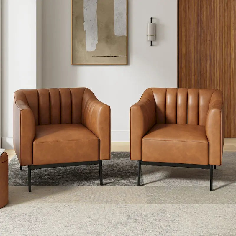 Industrial PU Leather Accent Chairs with Channel Tufting and Black Metal Legs, Set of 2