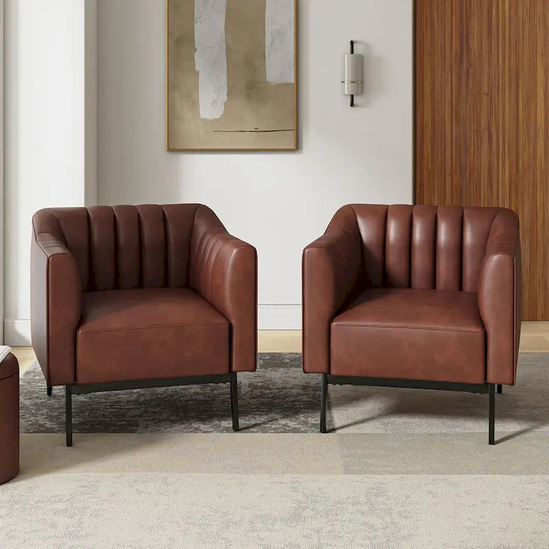 Industrial PU Leather Accent Chairs with Channel Tufting and Black Metal Legs, Set of 2