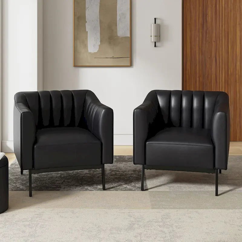 Industrial PU Leather Accent Chairs with Channel Tufting and Black Metal Legs, Set of 2