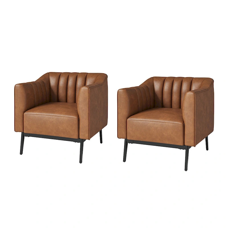 Industrial PU Leather Accent Chairs with Channel Tufting and Black Metal Legs, Set of 2
