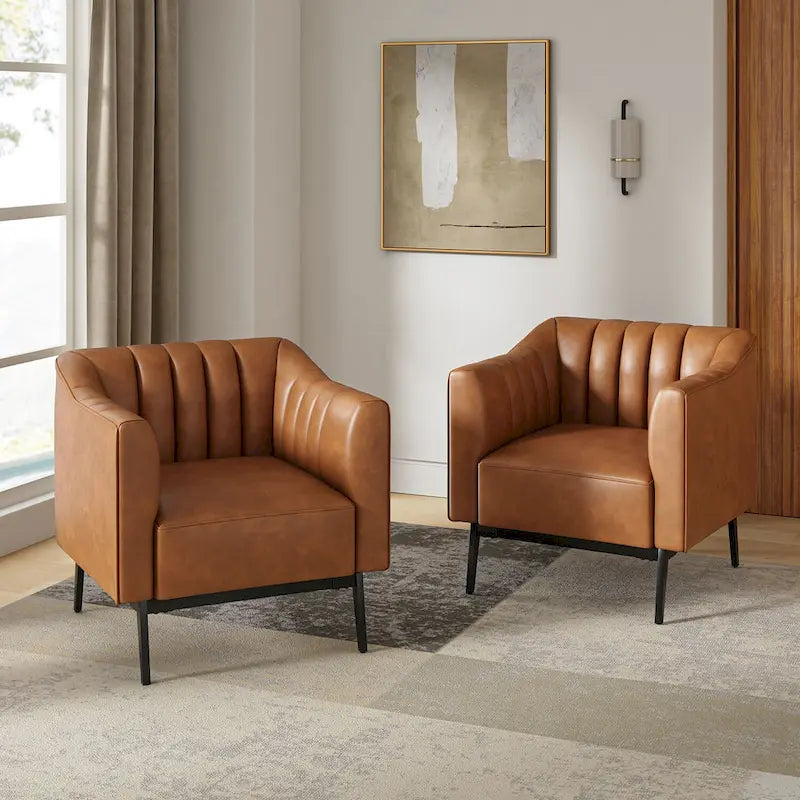 Industrial PU Leather Accent Chairs with Channel Tufting and Black Metal Legs, Set of 2